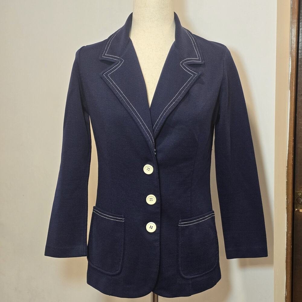 70s Womens Vintage Beeline Fashions Navy Blue Button V Neck‎ Blazer Jacket 12